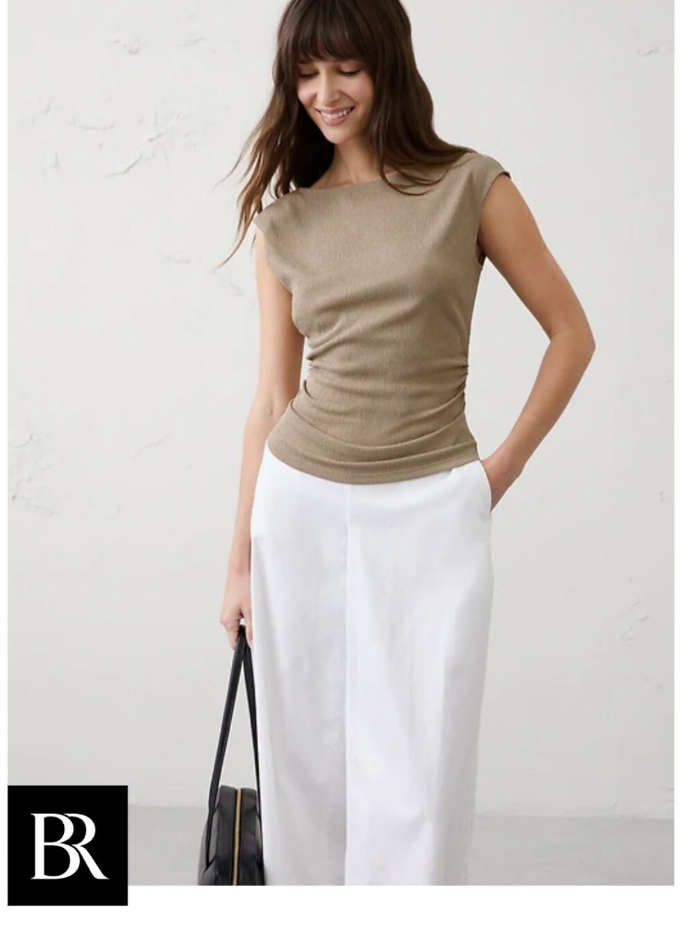Banana Republic Textured Smocked Side Ruched Top - Buscuit Brown
